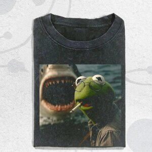 Funny Green Frog Smoking Near Shark Meme Graphic Tee